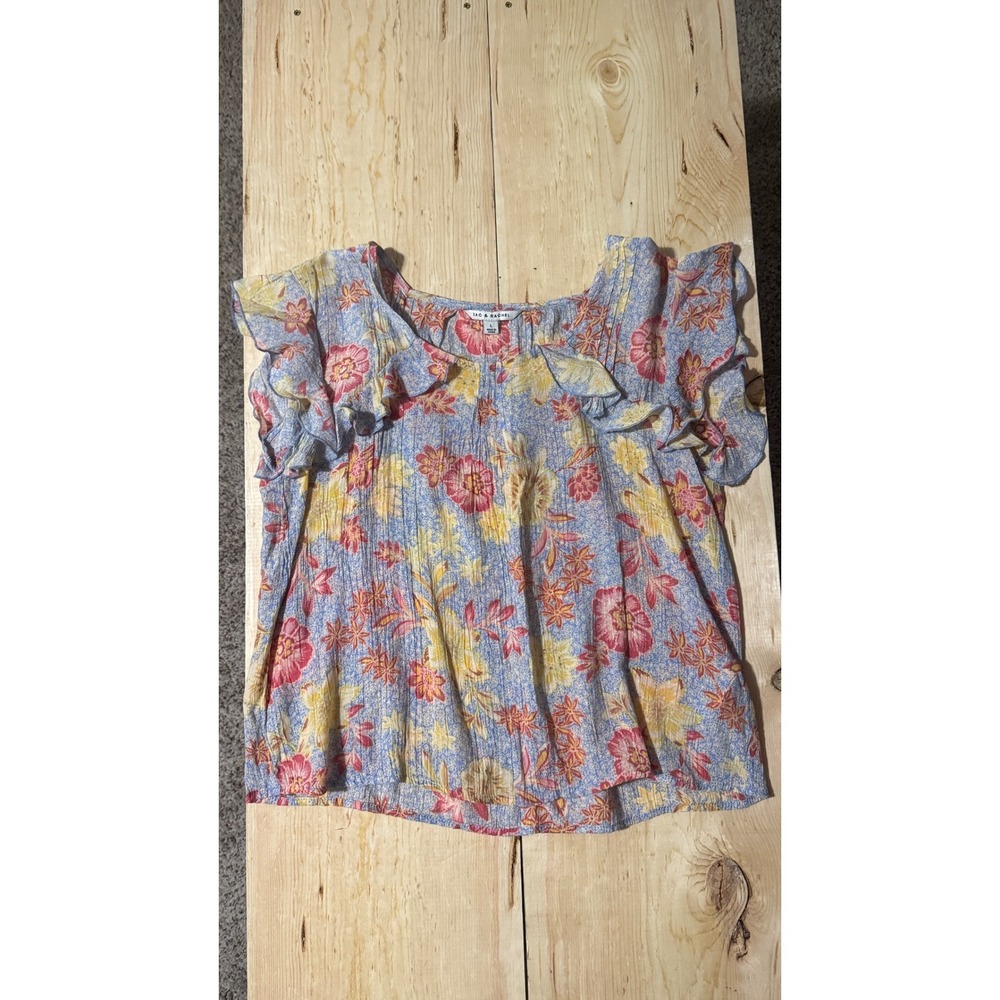 Zac & Rachel Floral Ruffle Sleeve‎ Boho Blouse Blue Yellow Pink Large